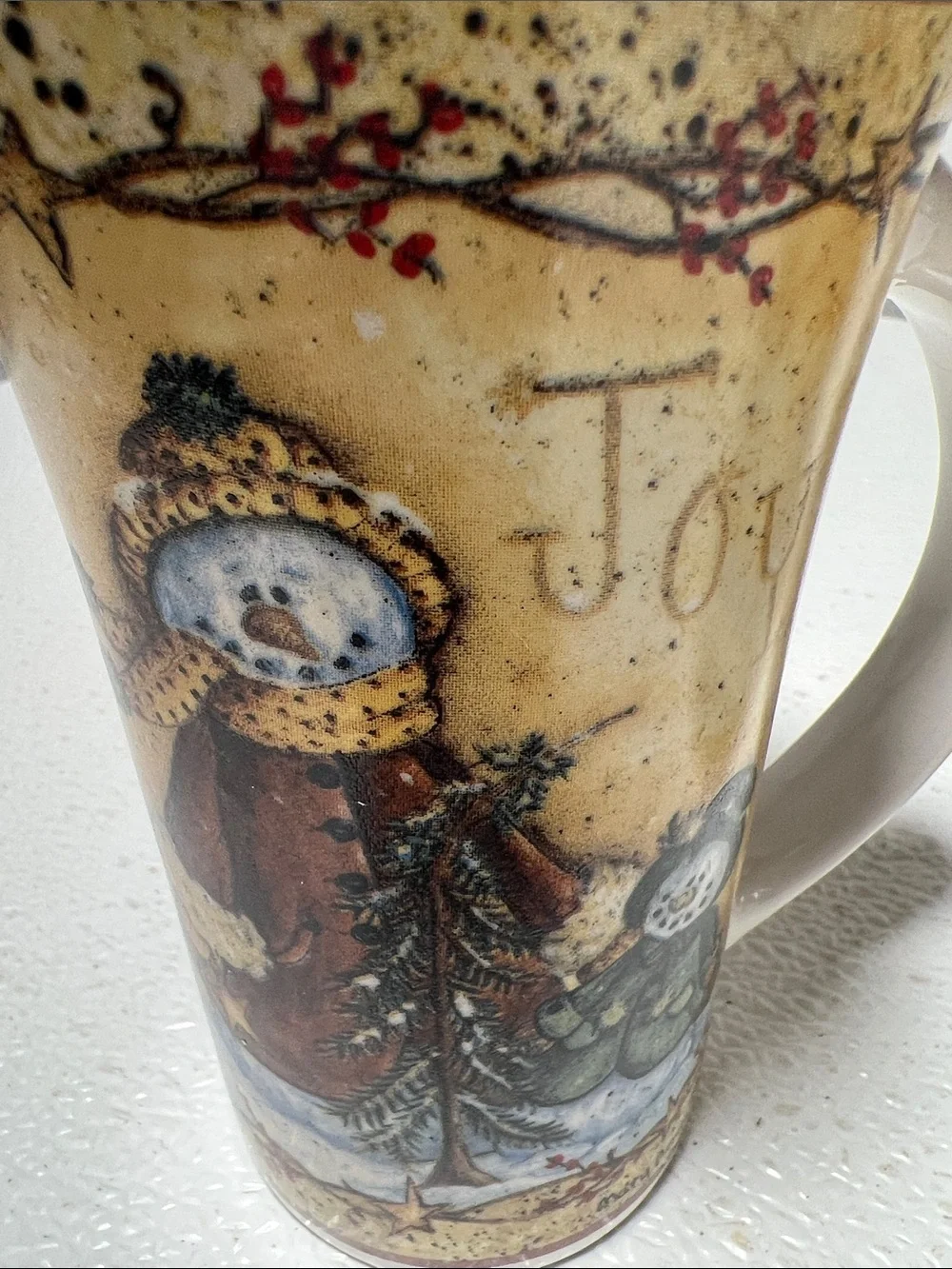Christmas Ceramic Snowman Coffee Tea Mug Cups Tall Signed Set 2